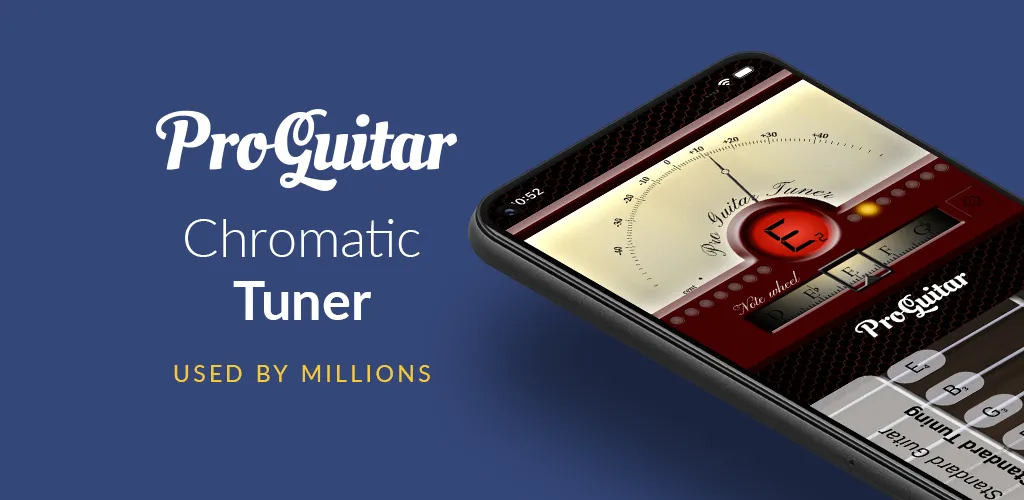 Anuncio de la app Pro Guitar Tuner en un celular, con una aguja tipo analógica marcando la nota Mi