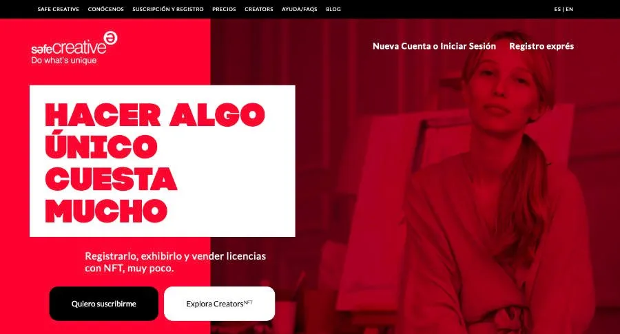 Página de inicio de Safe Creative, un servicio privado de registro de obras, con el lema «Hacer algo único cuesta mucho»