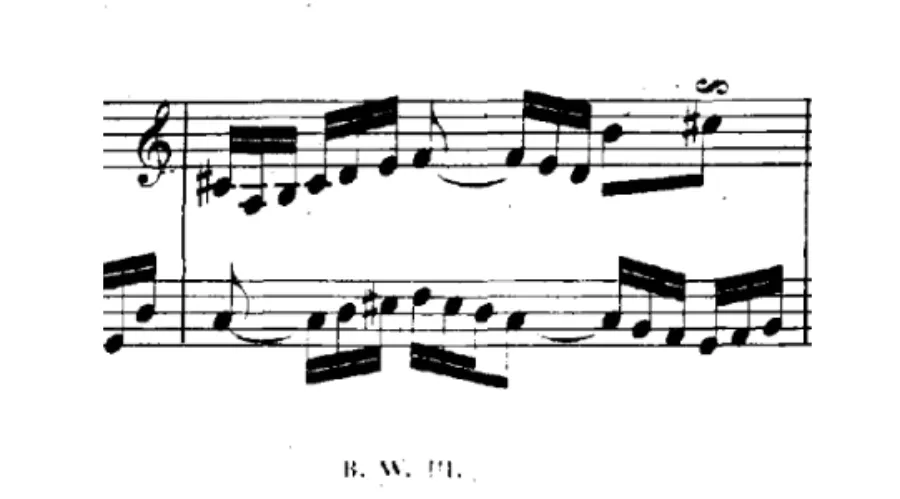 Fragmento de una partitura de Bach con un grupeto escrito sobre una nota del pentagrama superior