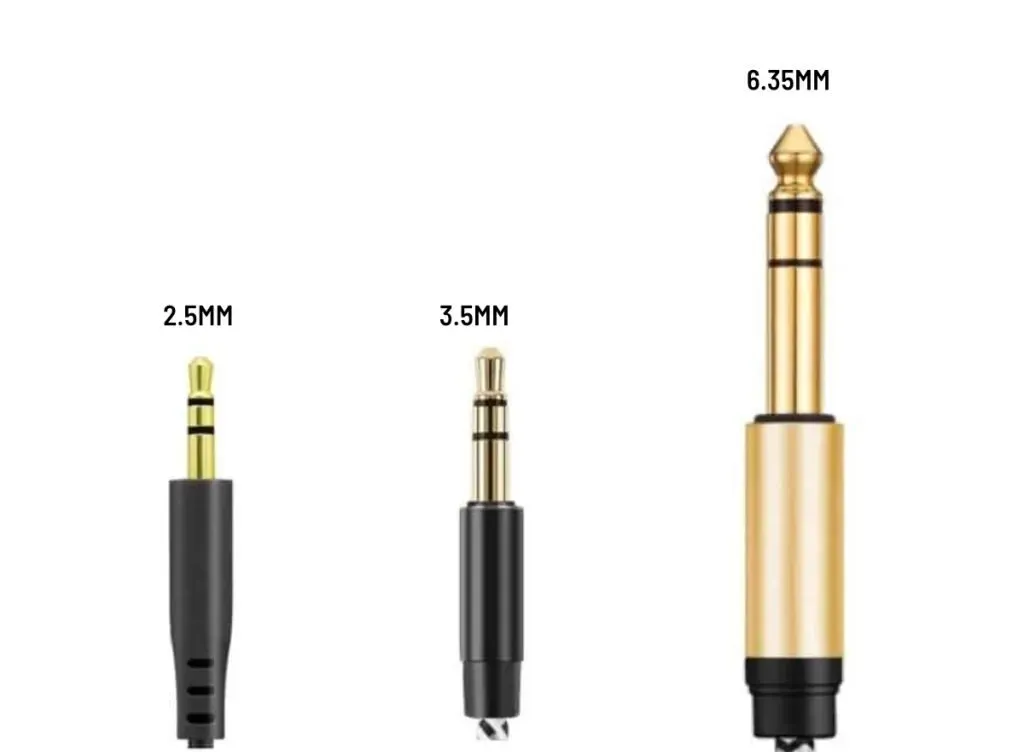 Comparación de tres conectores jack de 2.5 mm, 3.5 mm y 6.35 mm, de menor a mayor