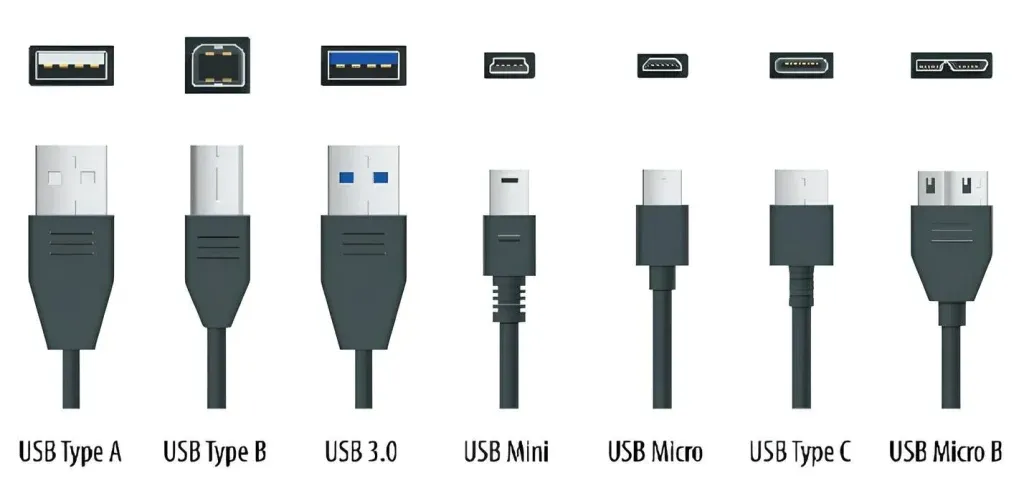 Distintos tipos de conectores USB uno junto a otro