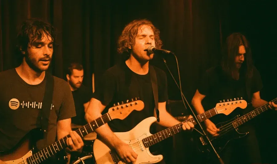 Banda tocando en vivo con guitarras eléctricas y un bajo; uno de los guitarristas lleva una camiseta con un código de Spotify