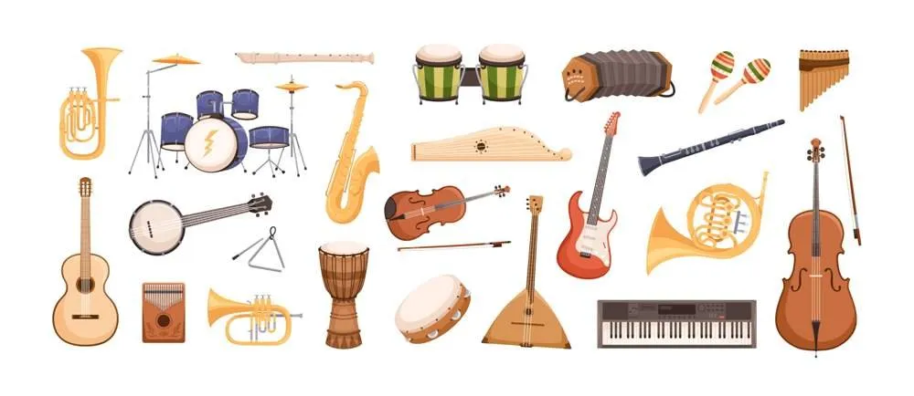 Ilustración con una gran variedad de instrumentos musicales de cuerda, viento y percusión