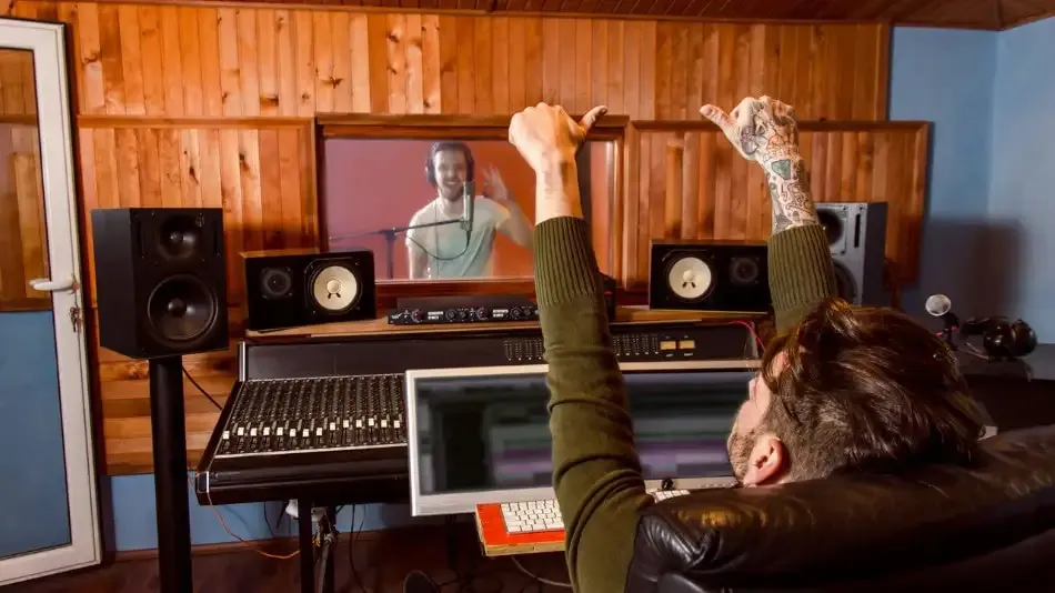 Productor en la consola de un estudio de grabación levantando los pulgares hacia un cantante que graba detrás del vidrio