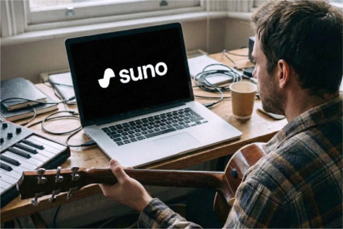 Músico con camisa a cuadros tocando guitarra acústica frente a una laptop con el logo de Suno, junto a un teclado MIDI