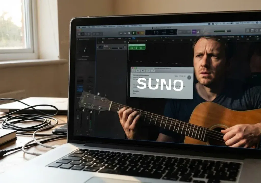 Pantalla de laptop con un programa de grabación abierto, el logo de Suno y un hombre tocando guitarra acústica