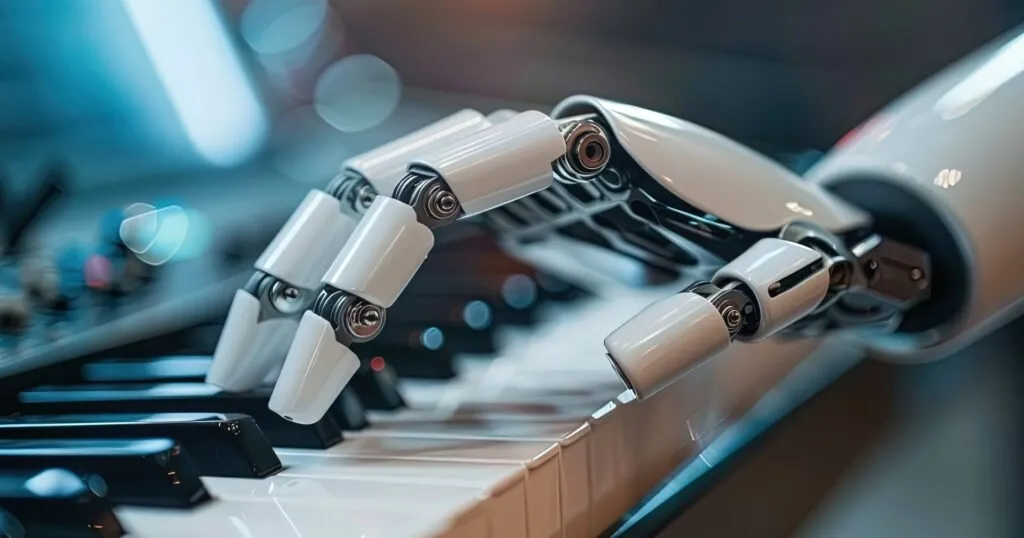 Mano robótica blanca tocando las teclas de un piano