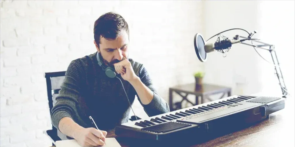 Hombre con audífonos al cuello escribe en una libreta, pensativo, frente a un teclado y un micrófono de estudio